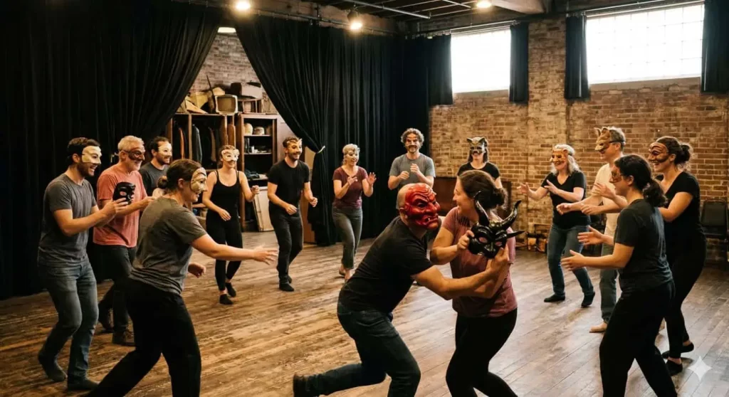 משתתפים בסדנת משחק למתחילים של תיאטרון אורתו-דה מתנסים בתיאטרון פיזי - AI