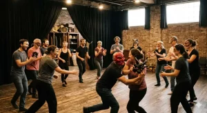 משתתפים בסדנת משחק למתחילים של תיאטרון אורתו-דה מתנסים בתיאטרון פיזי - AI