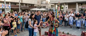 מופע תיאטרון רחוב אינטראקטיבי וחווייתי במרחב הציבורי המשותף בישראל - התמונה נוצרה באמצעות AI