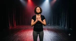 שחקן תיאטרון פיזי וחזותי מביע רגש עמוק באמצעות תנועת גוף מתוחה בחלל הבמה - התמונה נוצרה באמצעות AI